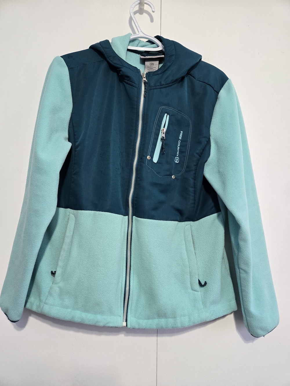 Free Country Fleece Jacket Womens Large‎ Teal Mint Colorblock Hooded Full Zip